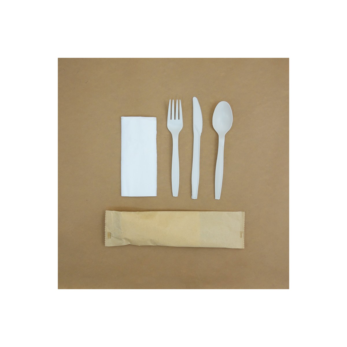 Pack Tenedor + Cuchillo + Tenedor (Almidón de Maíz) + Servilleta Kraft (1x500)