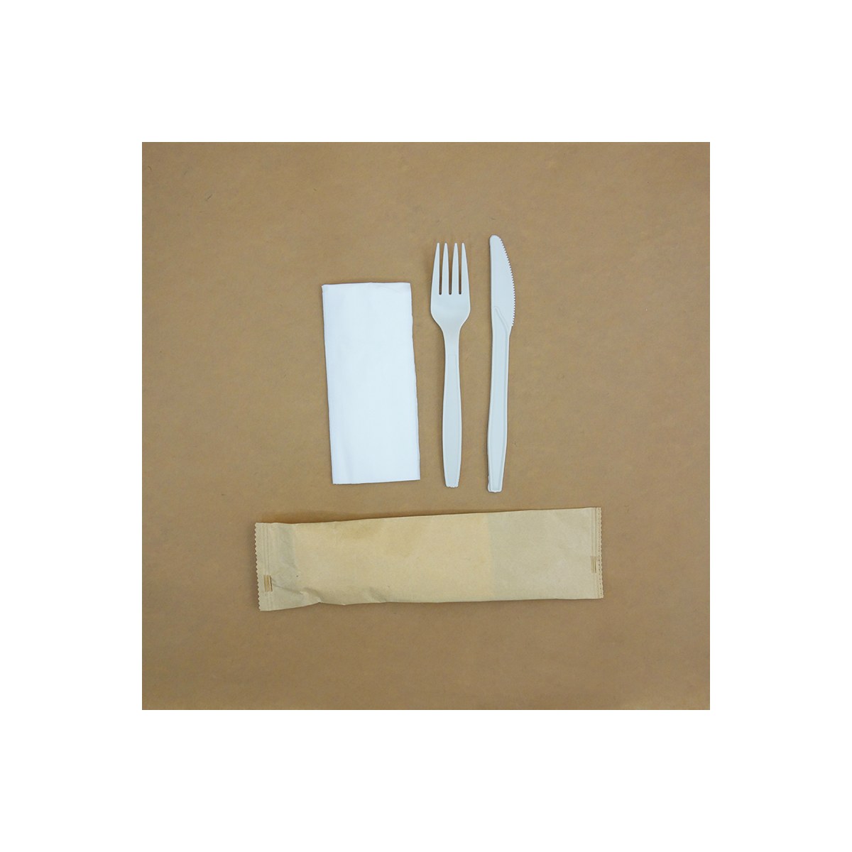 Pack Tenedor + Cuchillo (Almidón de Maíz) + Servilleta Kraft (1x500)