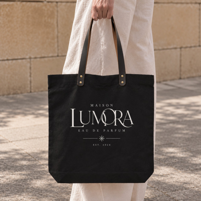 Bolsa premium de algodón negro con asas de cuero | 45x45x8 cm